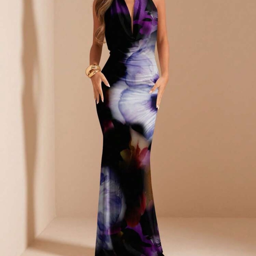 SHEIN Drapped Neck Long Floral Print Dress